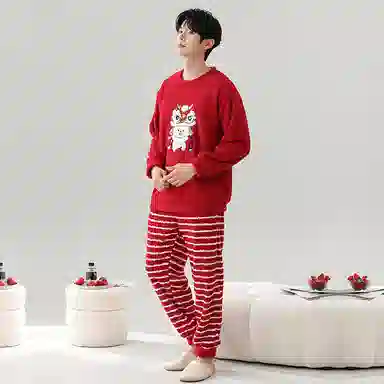 棉基因 舒适亲肤长袖保暖加厚半边绒简约长裤家居服睡衣套装 男女同款