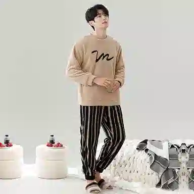 棉基因 舒适亲肤长袖保暖加厚半边绒简约长裤家居服睡衣套装 男女同款