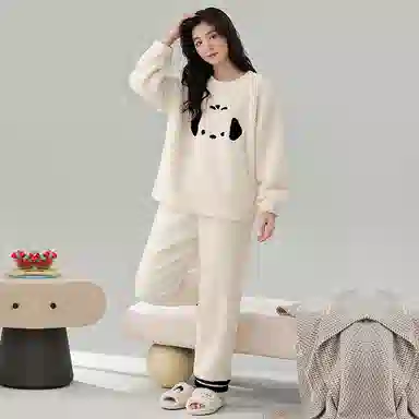 棉基因 舒适亲肤长袖保暖加厚半边绒简约长裤家居服睡衣套装 男女同款