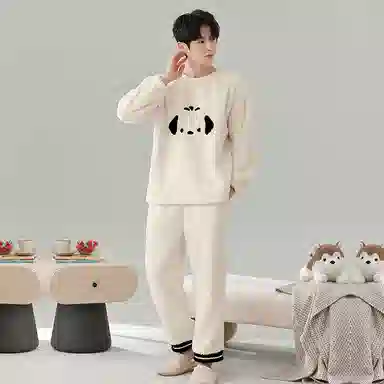 棉基因 舒适亲肤长袖保暖加厚半边绒简约长裤家居服睡衣套装 男女同款