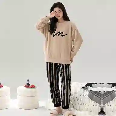 棉基因 舒适亲肤长袖保暖加厚半边绒简约长裤家居服睡衣套装 男女同款