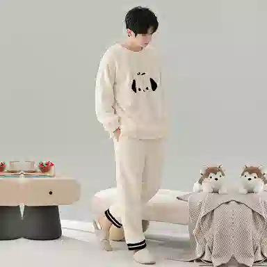 棉基因 舒适亲肤长袖保暖加厚半边绒简约长裤家居服睡衣套装 男女同款