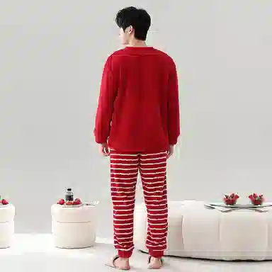 棉基因 舒适亲肤长袖保暖加厚半边绒简约长裤家居服睡衣套装 男女同款