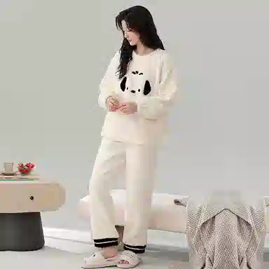 棉基因 舒适亲肤长袖保暖加厚半边绒简约长裤家居服睡衣套装 男女同款