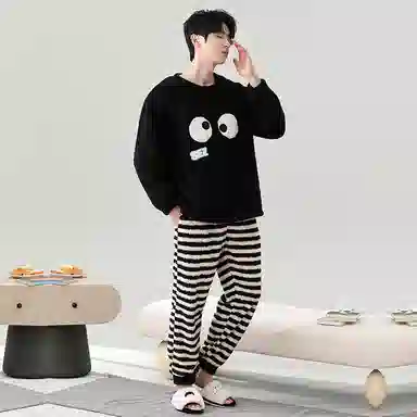 棉基因 舒适亲肤长袖保暖加厚半边绒简约长裤家居服睡衣套装 男女同款