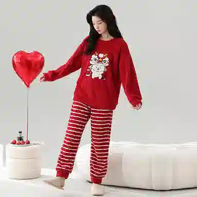 棉基因 舒适亲肤长袖保暖加厚半边绒简约长裤家居服睡衣套装 男女同款