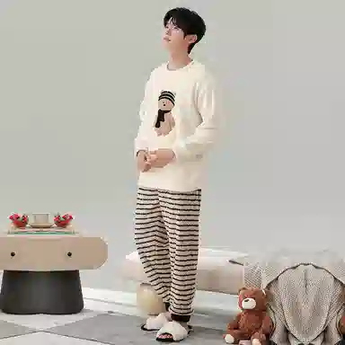 棉基因 舒适亲肤长袖保暖加厚半边绒简约长裤家居服睡衣套装 男女同款