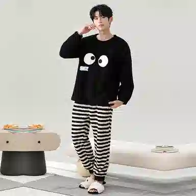 棉基因 舒适亲肤长袖保暖加厚半边绒简约长裤家居服睡衣套装 男女同款