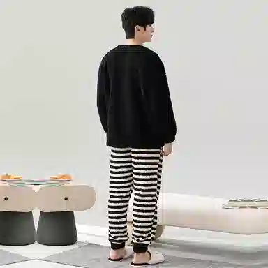 棉基因 舒适亲肤长袖保暖加厚半边绒简约长裤家居服睡衣套装 男女同款