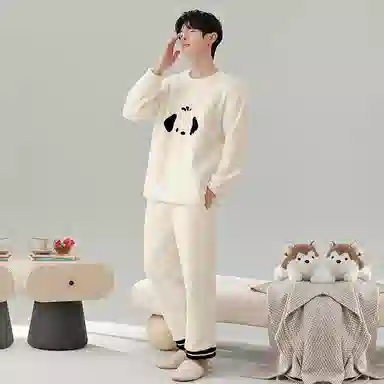棉基因 舒适亲肤长袖保暖加厚半边绒简约长裤家居服睡衣套装 男女同款