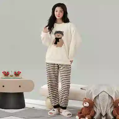 棉基因 舒适亲肤长袖保暖加厚半边绒简约长裤家居服睡衣套装 男女同款