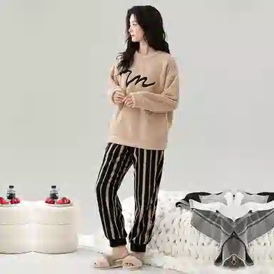 棉基因 舒适亲肤长袖保暖加厚半边绒简约长裤家居服睡衣套装 男女同款