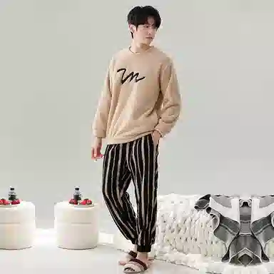 棉基因 舒适亲肤长袖保暖加厚半边绒简约长裤家居服睡衣套装 男女同款