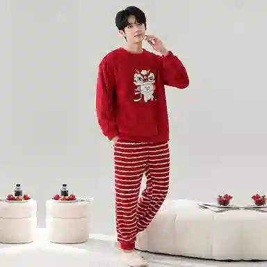 棉基因 舒适亲肤长袖保暖加厚半边绒简约长裤家居服睡衣套装 男女同款