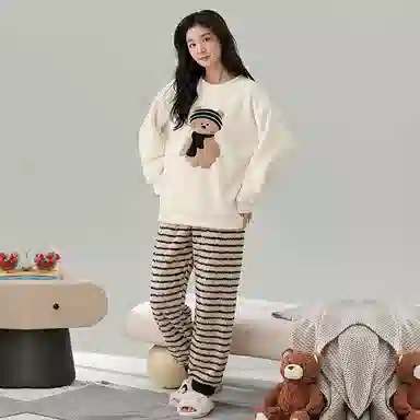 棉基因 舒适亲肤长袖保暖加厚半边绒简约长裤家居服睡衣套装 男女同款