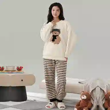 棉基因 舒适亲肤长袖保暖加厚半边绒简约长裤家居服睡衣套装 男女同款