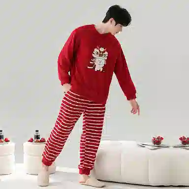 棉基因 舒适亲肤长袖保暖加厚半边绒简约长裤家居服睡衣套装 男女同款