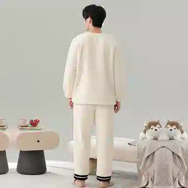 棉基因 舒适亲肤长袖保暖加厚半边绒简约长裤家居服睡衣套装 男女同款