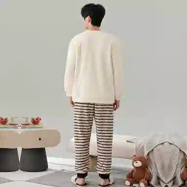 棉基因 舒适亲肤长袖保暖加厚半边绒简约长裤家居服睡衣套装 男女同款