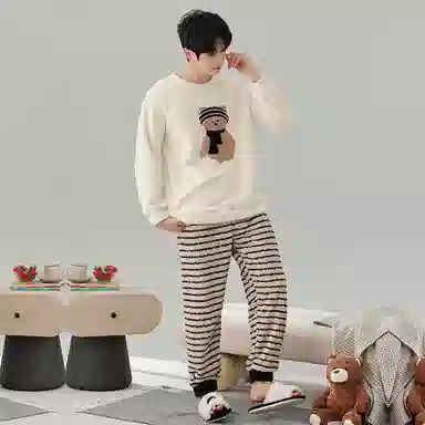 棉基因 舒适亲肤长袖保暖加厚半边绒简约长裤家居服睡衣套装 男女同款
