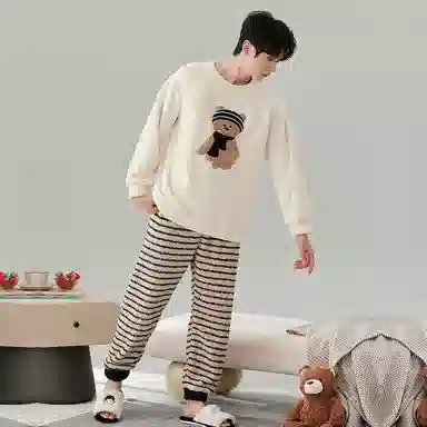 棉基因 舒适亲肤长袖保暖加厚半边绒简约长裤家居服睡衣套装 男女同款