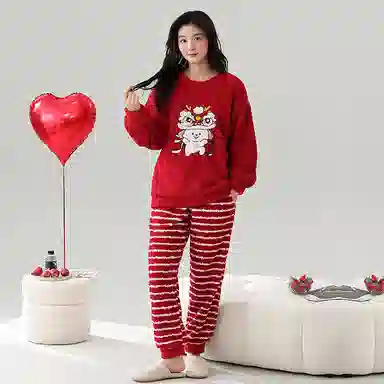 棉基因 舒适亲肤长袖保暖加厚半边绒简约长裤家居服睡衣套装 男女同款