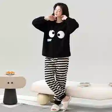 棉基因 舒适亲肤长袖保暖加厚半边绒简约长裤家居服睡衣套装 男女同款