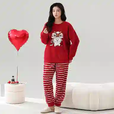 棉基因 舒适亲肤长袖保暖加厚半边绒简约长裤家居服睡衣套装 男女同款