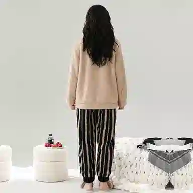 棉基因 舒适亲肤长袖保暖加厚半边绒简约长裤家居服睡衣套装 男女同款