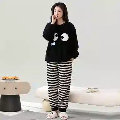 棉基因 舒适亲肤长袖保暖加厚半边绒简约长裤家居服睡衣套装 男女同款