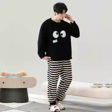 棉基因 舒适亲肤长袖保暖加厚半边绒简约长裤家居服睡衣套装 男女同款