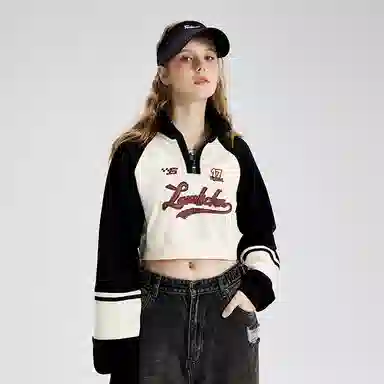 LAMLICKA Retro Letter Patch Zip Sweatshirt