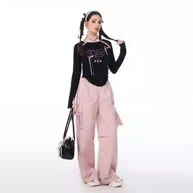 LAMLICKA Bow Print Long Sleeve Tee Black