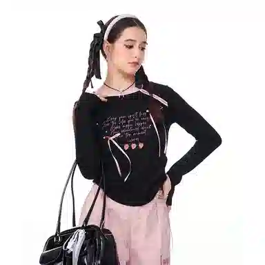 LAMLICKA Bow Print Long Sleeve Tee Black