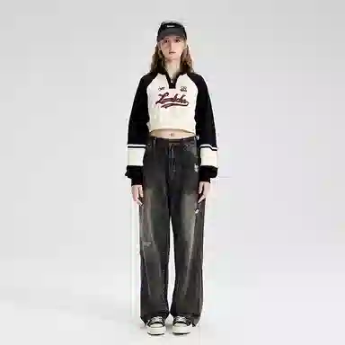 LAMLICKA Retro Letter Patch Zip Sweatshirt