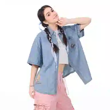 LAMLICKA Denim Short Sleeve Shirt Blue