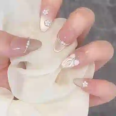 柚予颜 夏日少女奶油风美甲冰糯蝴蝶结法式穿戴甲  中长款裸色渐变 纯欲