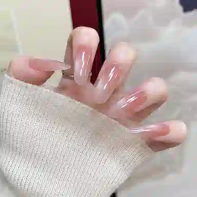 柚予颜 手工穿戴甲高级感渐变玻璃珠猫眼温柔美甲  椭圆裸粉晕染 纯欲