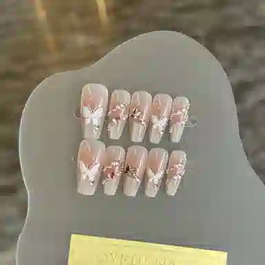 柚予颜 蝴蝶穿戴甲猫眼长款法式镶钻指甲高级感美甲  梯型裸色晕染 纯欲