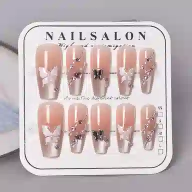 柚予颜 蝴蝶穿戴甲猫眼长款法式镶钻指甲高级感美甲  梯型裸色晕染 纯欲