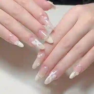 柚予颜 手工穿戴甲珍珠小千金蝴蝶结法式温柔气质高级感显白美甲  杏仁尖型裸色渐变 纯欲