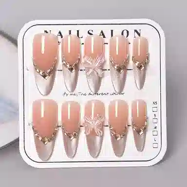 柚予颜 蝴蝶法式猫眼温柔气质镶钻穿戴甲  杏仁裸粉色渐变 纯欲