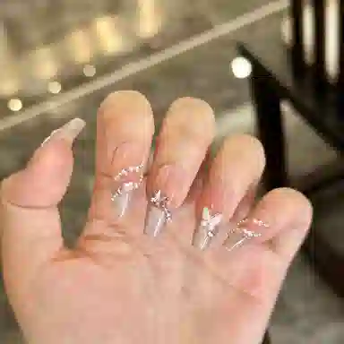 柚予颜 蝴蝶穿戴甲猫眼长款法式镶钻指甲高级感美甲  梯型裸色晕染 纯欲