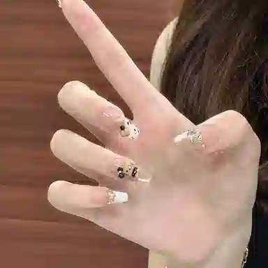 柚予颜 手工穿戴甲黑皮猫咪甜酷风豹纹卡通法式猫眼可爱美甲  梯型裸色跳色 纯欲