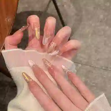 柚予颜 法式猫眼渐变极光手绘爱心蝴蝶结穿戴甲  杏仁粉色晕染 纯欲