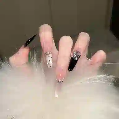 柚予颜 手工穿戴甲秋冬气质高级波点千金猫眼法式甜酷显白美甲  杏仁黑色跳色 纯欲