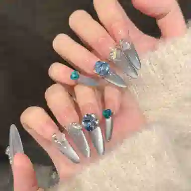 柚予颜 海蓝宝多瑙河  穿戴甲 长款蓝色渐变 纯欲 纯手工 法式侧光猫眼小碎钻爆闪