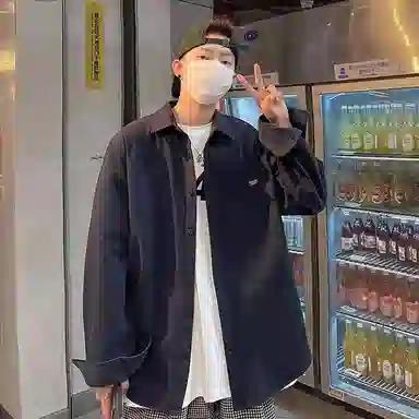 玉儿恋 纯色翻领百搭休闲宽松日系薄款长袖衬衫 男款