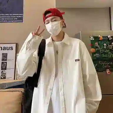 玉儿恋 纯色翻领百搭休闲宽松日系薄款长袖衬衫 男款