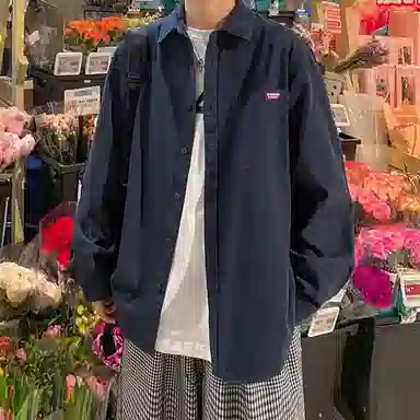 玉儿恋 纯色翻领百搭休闲宽松日系薄款长袖衬衫 男款